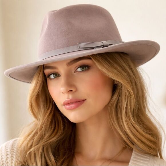 NWT Anthropologie Taupe Wool Fedora Hat Grosgrain Band Wide Brim One Size Womens main image 9